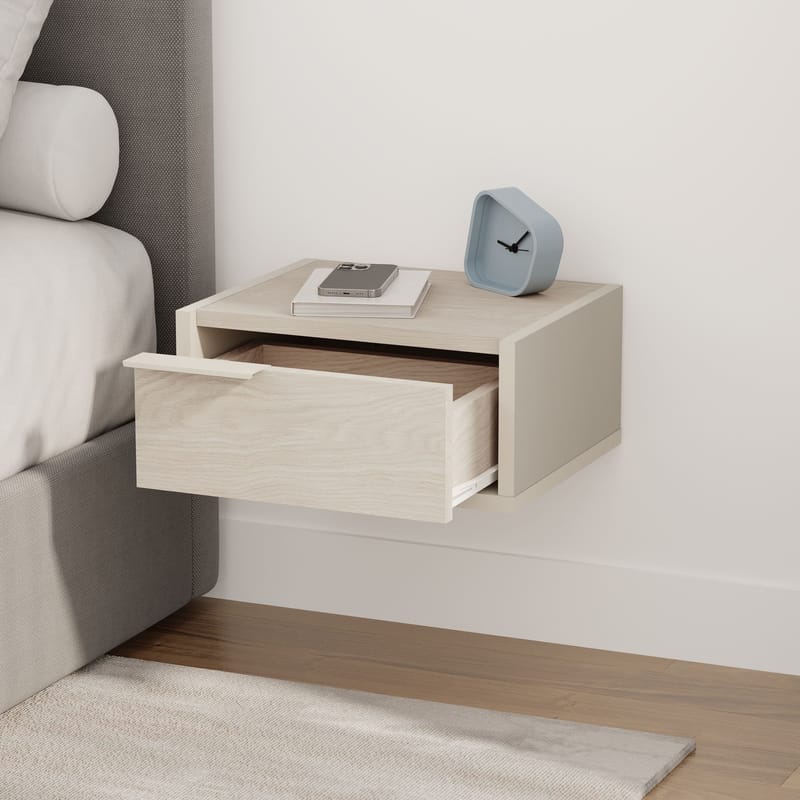 Silena Vägghängt Sängbord 40 cm med Trä- och Ekutseende, Förvaring med Låda - Beige - Möbler - Bord & matgrupper - Avlastningsbord - Sängbord & nattduksbord