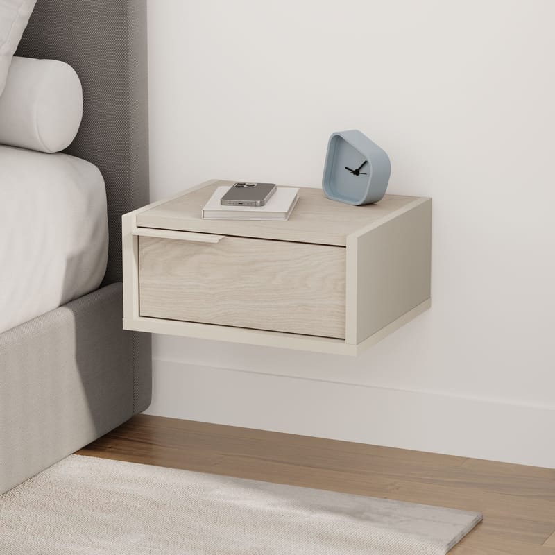 Silena Vägghängt Sängbord 40 cm med Trä- och Ekutseende, Förvaring med Låda - Beige - Möbler - Bord & matgrupper - Avlastningsbord - Sängbord & nattduksbord