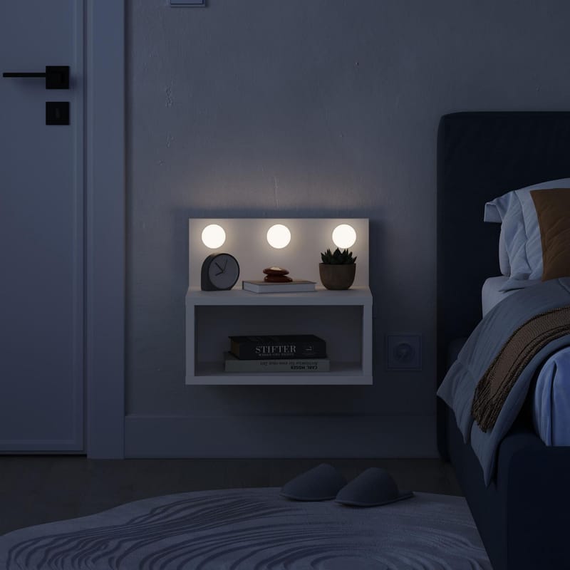 Sumira Vägghängt Sängbord & Nattduksbord med LED-belysning 40 cm i Trä med Hylla - Vit - Möbler - Bord & matgrupper - Avlastningsbord - Sängbord & nattduksbord