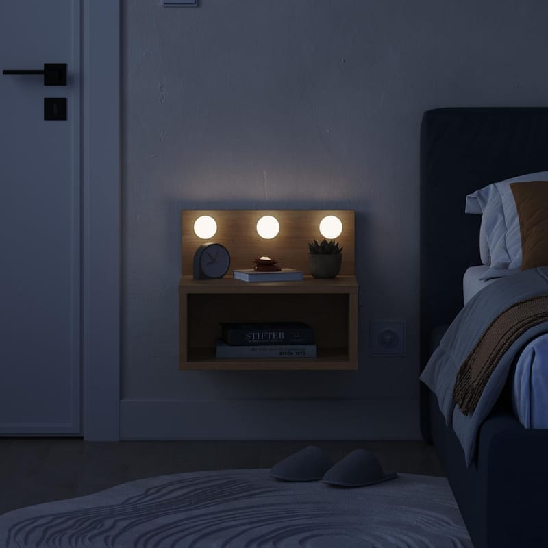 Sumira Vägghängt Sängbord 40 cm med Trä- och Ekutseende, Förvaring med Hylla och LED-belysning - Brun - Möbler - Bord & matgrupper - Avlastningsbord - Sängbord & nattduksbord
