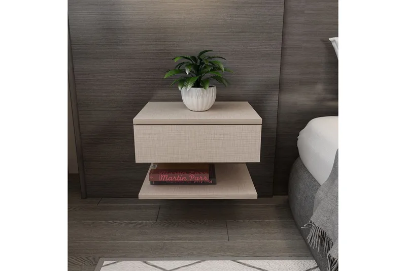 Telo Vägghängt Sängbord 45 cm med Ljust Träutseende, Förvaring med Låda - Beige - Möbler - Bord & matgrupper - Avlastningsbord - Sängbord & nattduksbord