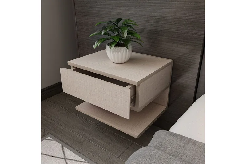 Telo Vägghängt Sängbord 45 cm med Ljust Träutseende, Förvaring med Låda - Beige - Möbler - Bord & matgrupper - Avlastningsbord - Sängbord & nattduksbord