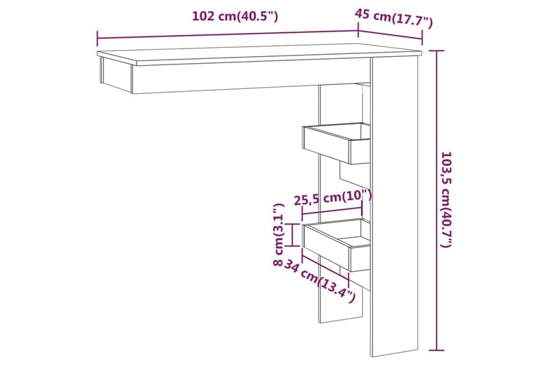 beBasic Barbord väggmonterat vit glans 102x45x103,5 cm konstruerat trä - White - Möbler - Bord & matgrupper - Barbord & ståbord