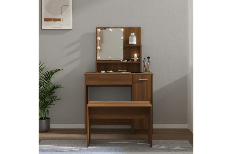 beBasic Sminkbord LED brun ek konstruerat trä - Brown - Möbler - Bord & matgrupper - Sminkbord & toalettbord