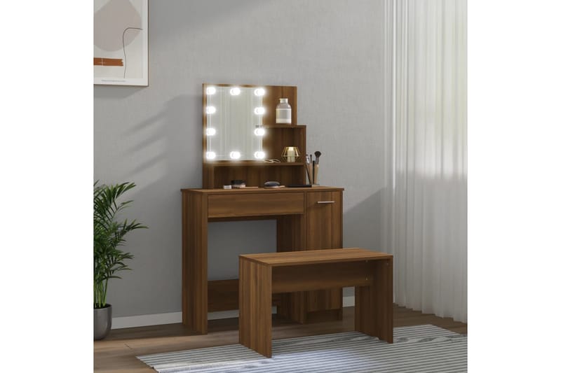 beBasic Sminkbord LED brun ek konstruerat trä - Brown - Möbler - Bord & matgrupper - Sminkbord & toalettbord