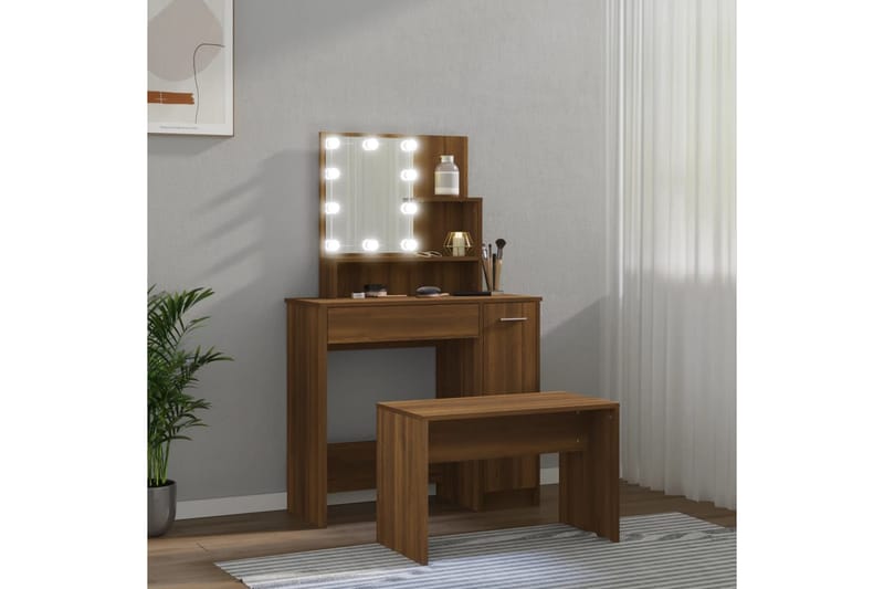 beBasic Sminkbord LED brun ek konstruerat trä - Brown - Sminkbord & toalettbord