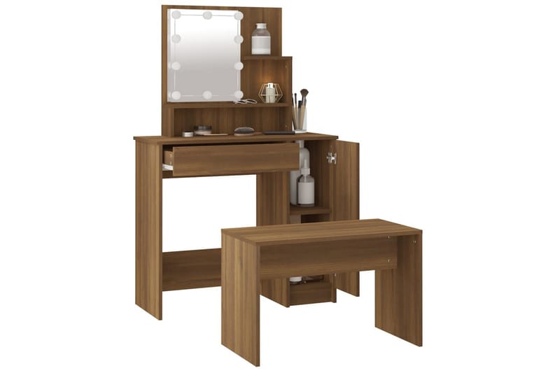 beBasic Sminkbord LED brun ek konstruerat trä - Brown - Möbler - Bord & matgrupper - Sminkbord & toalettbord