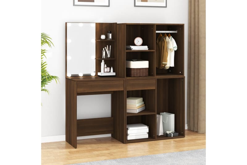 beBasic Sminkbord LED med skåp Brun ek konstruerat trä - Brown - Möbler - Bord & matgrupper - Sminkbord & toalettbord