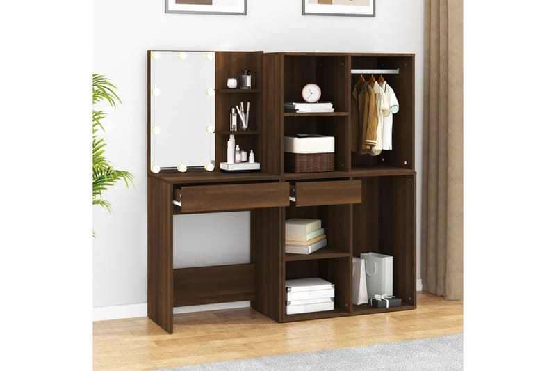beBasic Sminkbord LED med skåp Brun ek konstruerat trä - Brown - Möbler - Bord & matgrupper - Sminkbord & toalettbord