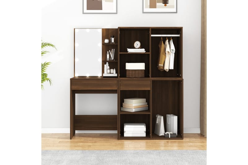 beBasic Sminkbord LED med skåp Brun ek konstruerat trä - Brown - Möbler - Bord & matgrupper - Sminkbord & toalettbord