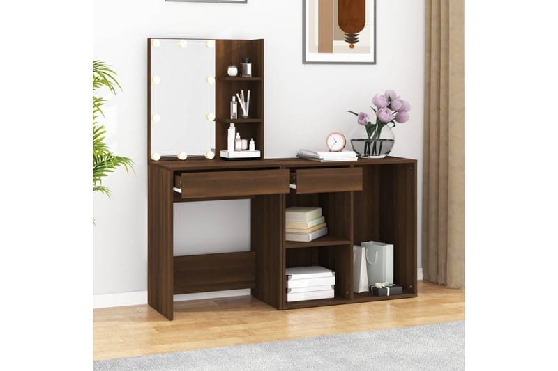 beBasic Sminkbord LED med skåp Brun ek konstruerat trä - Brown - Möbler - Bord & matgrupper - Sminkbord & toalettbord