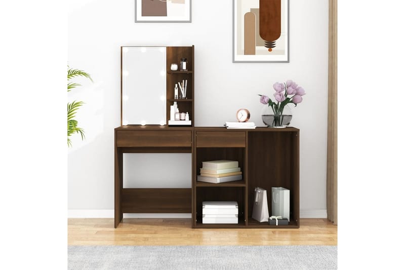 beBasic Sminkbord LED med skåp Brun ek konstruerat trä - Brown - Möbler - Bord & matgrupper - Sminkbord & toalettbord