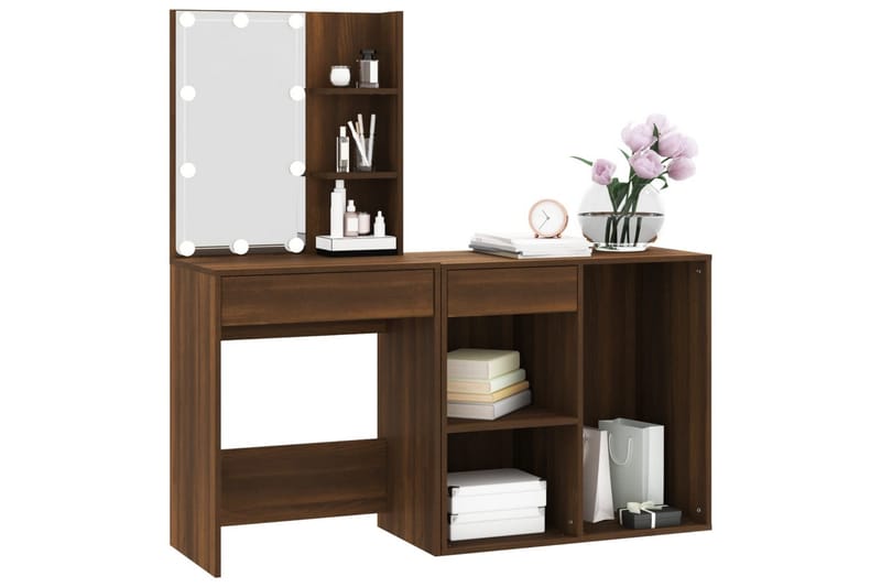 beBasic Sminkbord LED med skåp Brun ek konstruerat trä - Brown - Möbler - Bord & matgrupper - Sminkbord & toalettbord