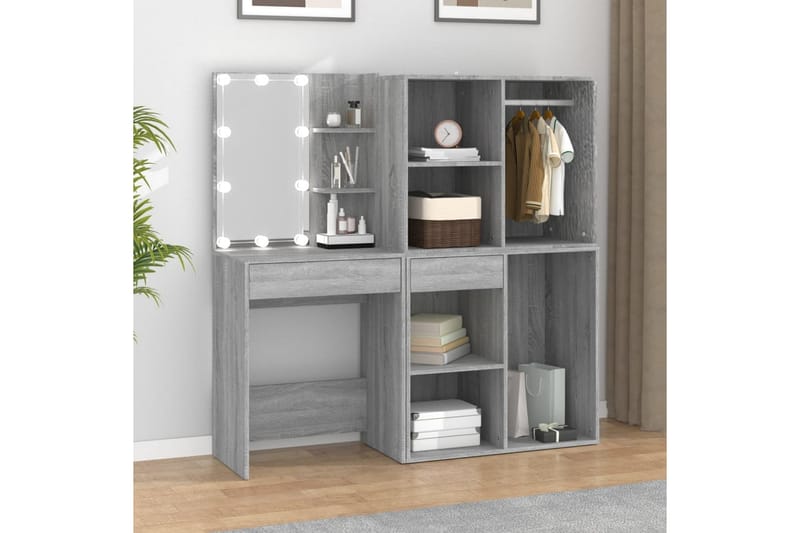 beBasic Sminkbord LED med skåp grå sonoma konstruerat trä - Grey - Möbler - Bord & matgrupper - Sminkbord & toalettbord