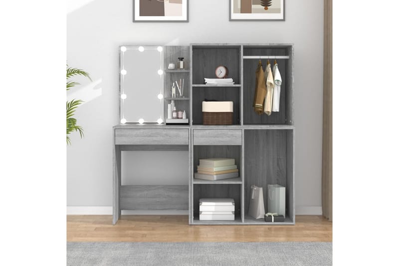 beBasic Sminkbord LED med skåp grå sonoma konstruerat trä - Grey - Möbler - Bord & matgrupper - Sminkbord & toalettbord