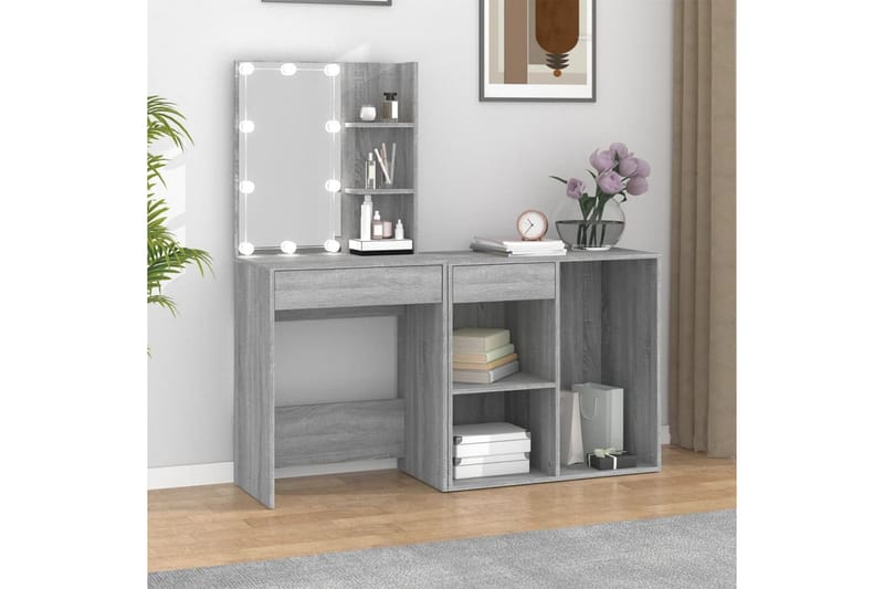beBasic Sminkbord LED med skåp grå sonoma konstruerat trä - Grey - Möbler - Bord & matgrupper - Sminkbord & toalettbord