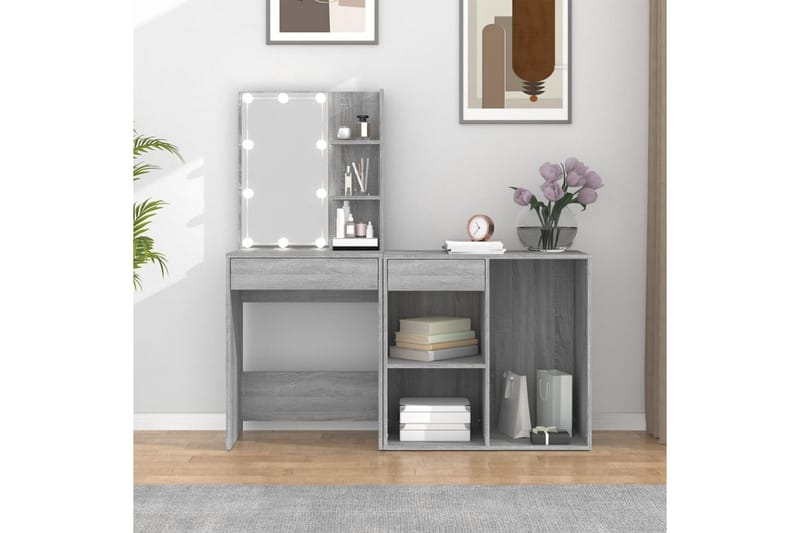 beBasic Sminkbord LED med skåp grå sonoma konstruerat trä - Grey - Möbler - Bord & matgrupper - Sminkbord & toalettbord