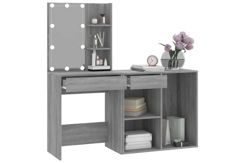 beBasic Sminkbord LED med skåp grå sonoma konstruerat trä - Grey - Möbler - Bord & matgrupper - Sminkbord & toalettbord