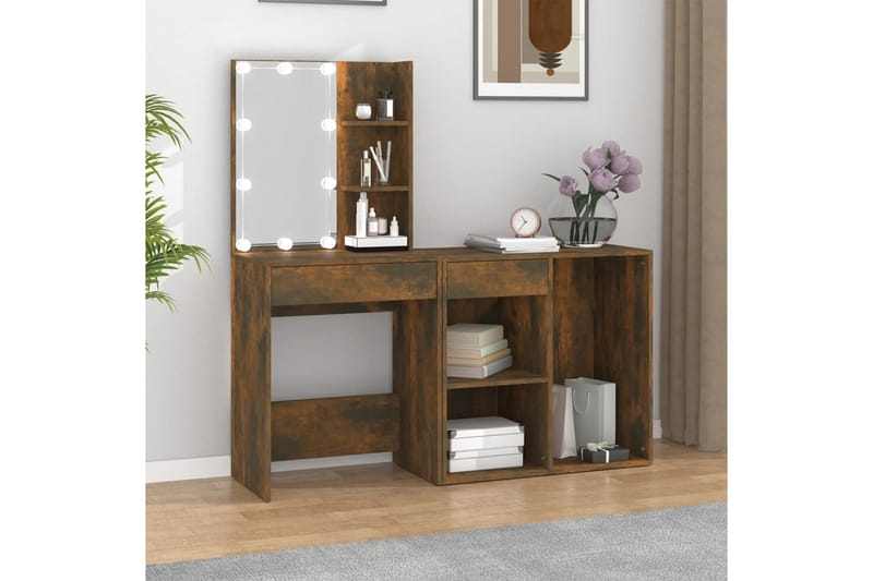 beBasic Sminkbord LED med skåp rökfärgad ek konstruerat trä - Brown - Möbler - Bord & matgrupper - Sminkbord & toalettbord