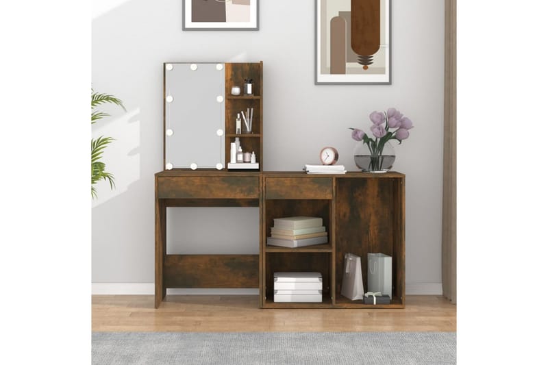 beBasic Sminkbord LED med skåp rökfärgad ek konstruerat trä - Brown - Möbler - Bord & matgrupper - Sminkbord & toalettbord