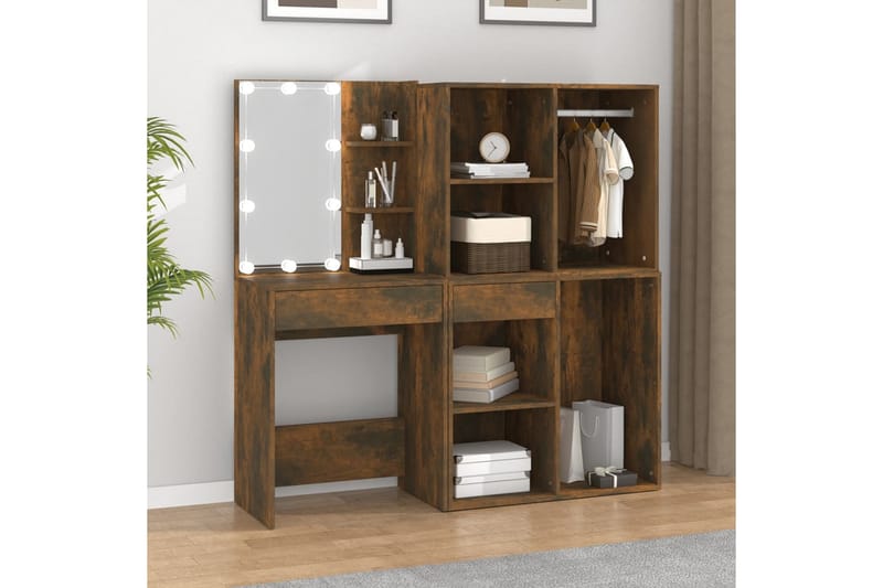 beBasic Sminkbord LED med skåp rökfärgad ek konstruerat trä - Brown - Möbler - Bord & matgrupper - Sminkbord & toalettbord