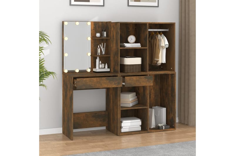 beBasic Sminkbord LED med skåp rökfärgad ek konstruerat trä - Brown - Möbler - Bord & matgrupper - Sminkbord & toalettbord