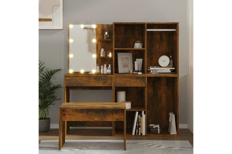 beBasic Sminkbord LED rökfärgad ek konstruerat trä - Brown - Möbler - Bord & matgrupper - Sminkbord & toalettbord