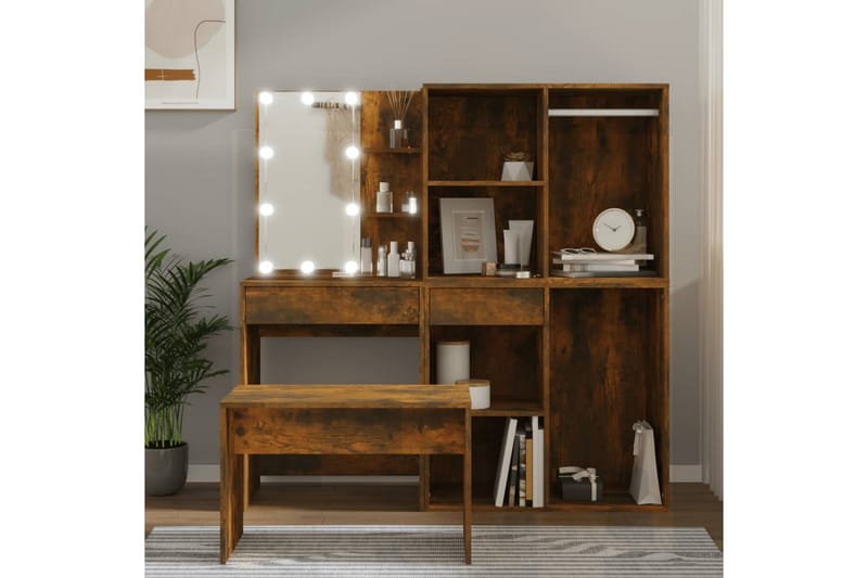 beBasic Sminkbord LED rökfärgad ek konstruerat trä - Brown - Möbler - Bord & matgrupper - Sminkbord & toalettbord