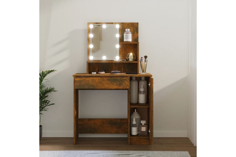 beBasic Sminkbord med LED rökfärgad ek 86,5x35x136 cm - Brown - Möbler - Bord & matgrupper - Sminkbord & toalettbord