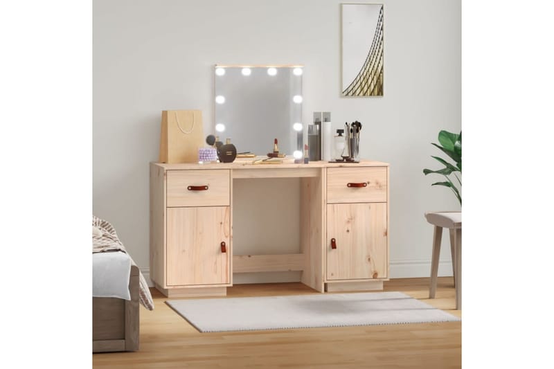 beBasic Sminkbord med spegel LED massiv furu - Brown - Möbler - Bord & matgrupper - Sminkbord & toalettbord