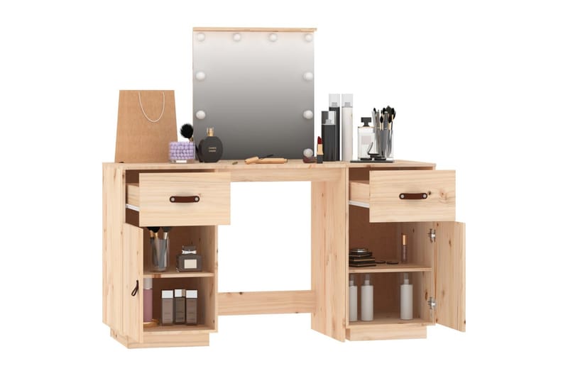 beBasic Sminkbord med spegel LED massiv furu - Brown - Möbler - Bord & matgrupper - Sminkbord & toalettbord