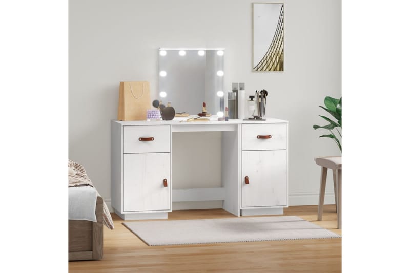 beBasic Sminkbord med spegel LED vit massiv furu - White - Möbler - Bord & matgrupper - Sminkbord & toalettbord