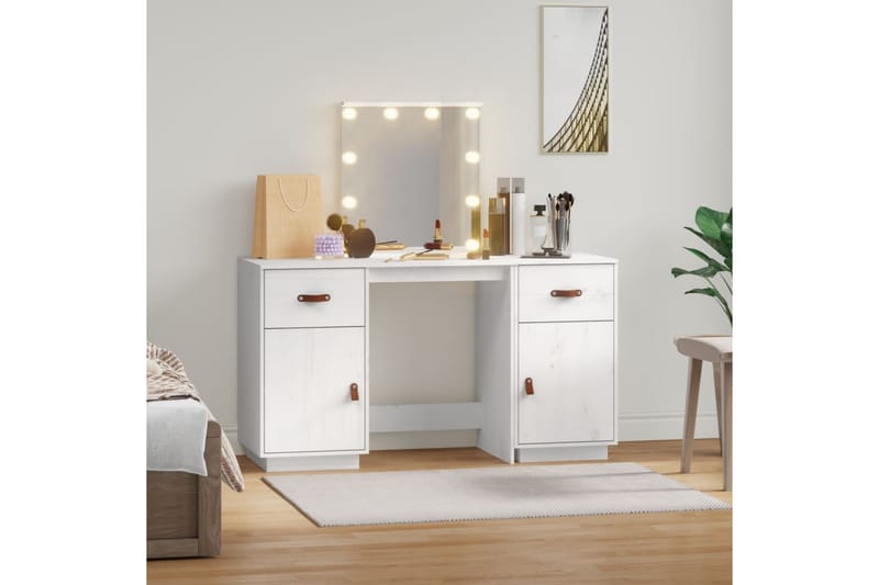 beBasic Sminkbord med spegel LED vit massiv furu - White - Möbler - Bord & matgrupper - Sminkbord & toalettbord