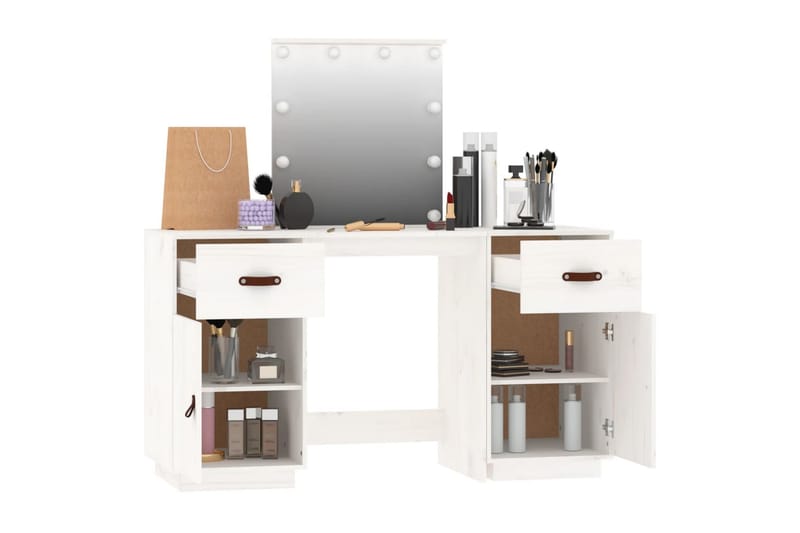 beBasic Sminkbord med spegel LED vit massiv furu - White - Möbler - Bord & matgrupper - Sminkbord & toalettbord