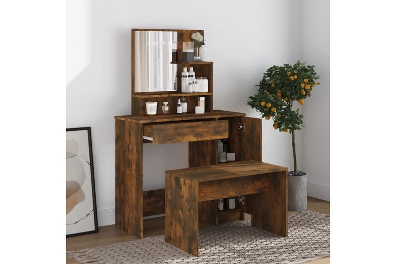 beBasic Sminkbord set rökfärgad ek 86,5x35x136 cm - Brown - Möbler - Bord & matgrupper - Sminkbord & toalettbord