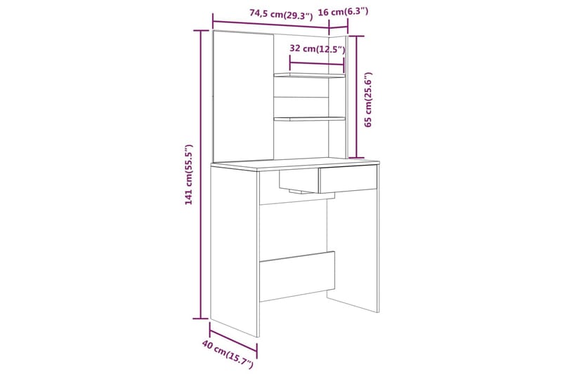 beBasic Sminkbord set vit 74,5x40x141 cm - White - Sminkbord & toalettbord