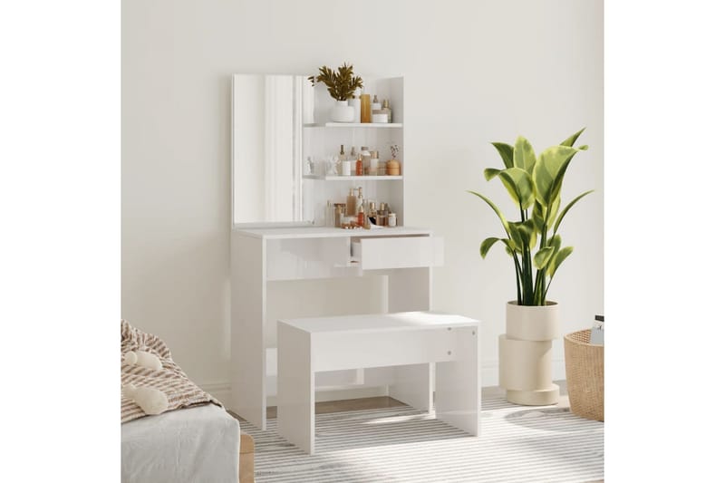 beBasic Sminkbord set vit högglans 74,5x40x141 cm - White - Sminkbord & toalettbord