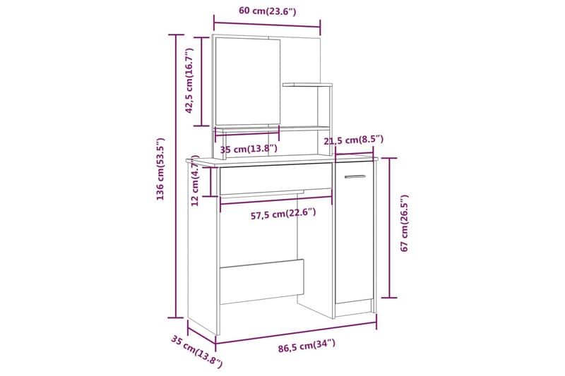 beBasic Sminkbord set vit högglans 86,5x35x136 cm - White - Sminkbord & toalettbord