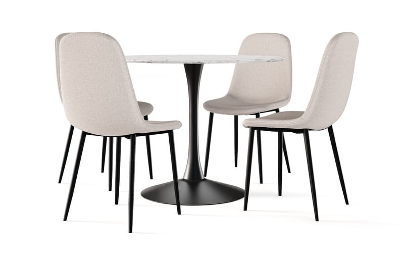 Caitly Matbord 100 cm Runt Svart bas +  4 st Nibe stol beige med svarta ben, Vit/Svart/Beige