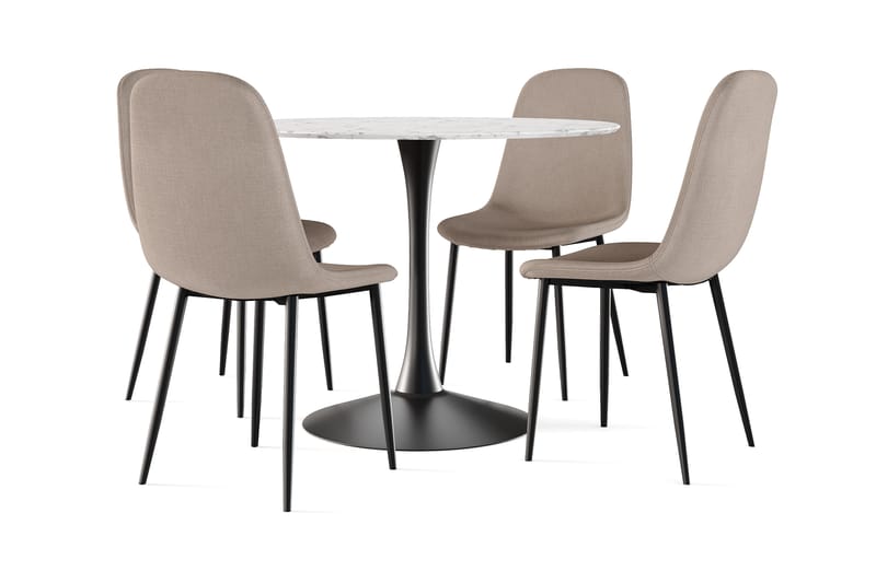 Caitly Matbord 100 cm Runt Svart bas +  4 st Nibe stol brun med svarta ben, Vit/Svart/Brun