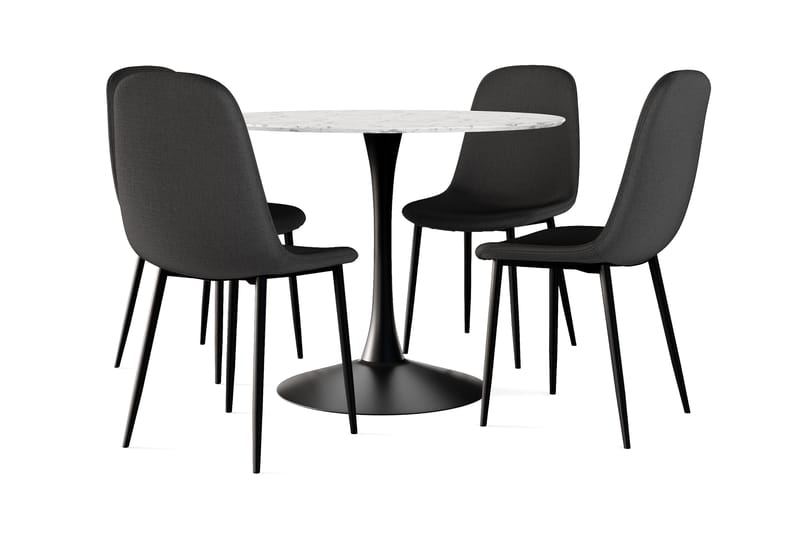 Caitly Matbord 100 cm Runt Svart bas +  4 st Nibe stol svart med svarta ben, Vit/Svart
