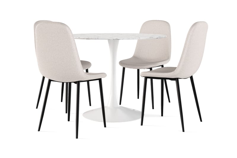 Caitly Matbord 100 cm Runt vit bas +  4 st Nibe stol beige med svarta ben, Vit/Beige