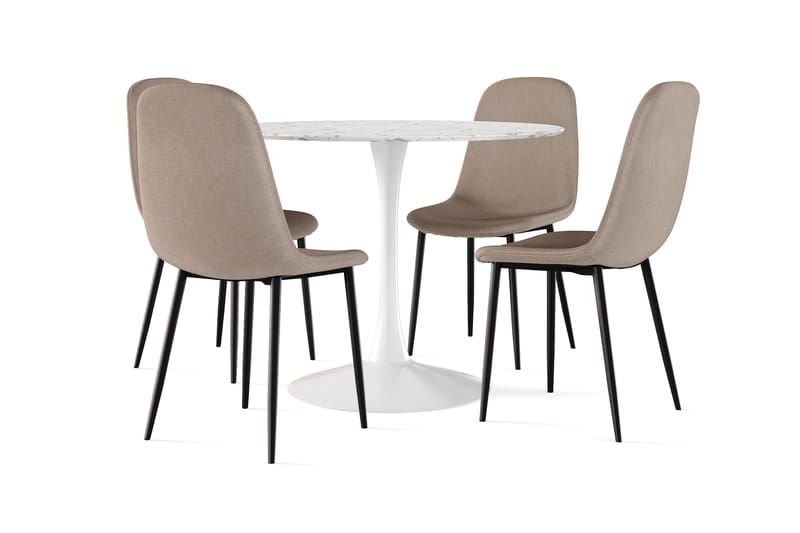 Caitly Matbord 100 cm Runt vit bas +  4 st Nibe stol brun med svarta ben, Vit/Brun