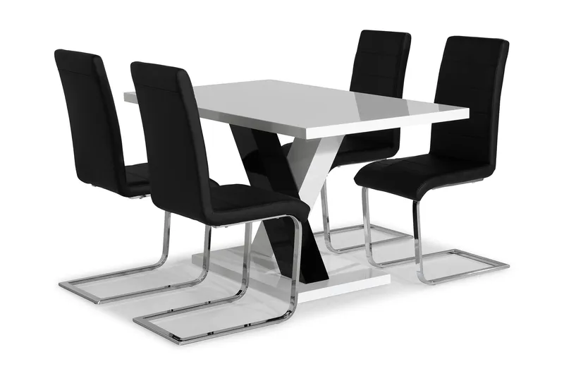 Cesi Matgrupp 140 cm med 4 Cibus Stol, Vit/Svart/Svart PU/Krom