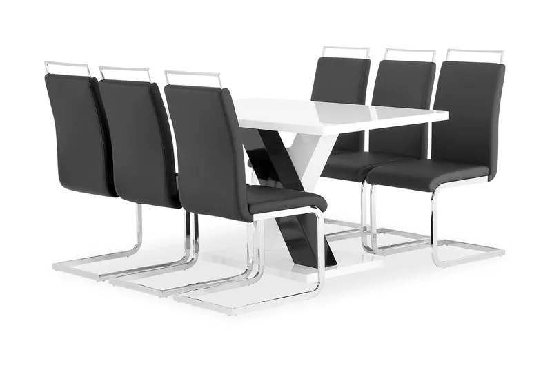 Cesi Matgrupp Rektangulärt matbord 140 cm + 6 Isoda Läder Marstolar, Vit/Svart/Krome