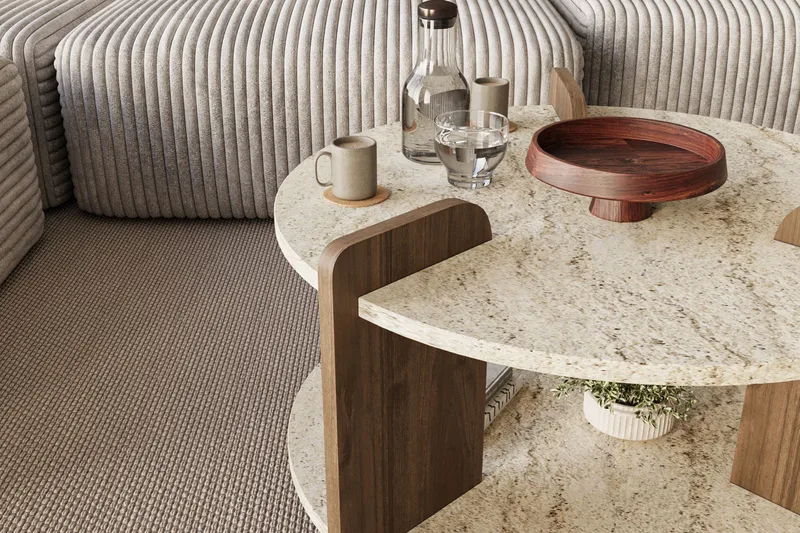 Cindral Soffbord 70 cm Rund - Travertin Och Valnöt - Möbler - Bord & matgrupper - Soffbord