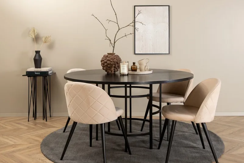 Copenhagen Rund Matgrupp 140 cm med 4 Velvet Matstolar, svart och beige