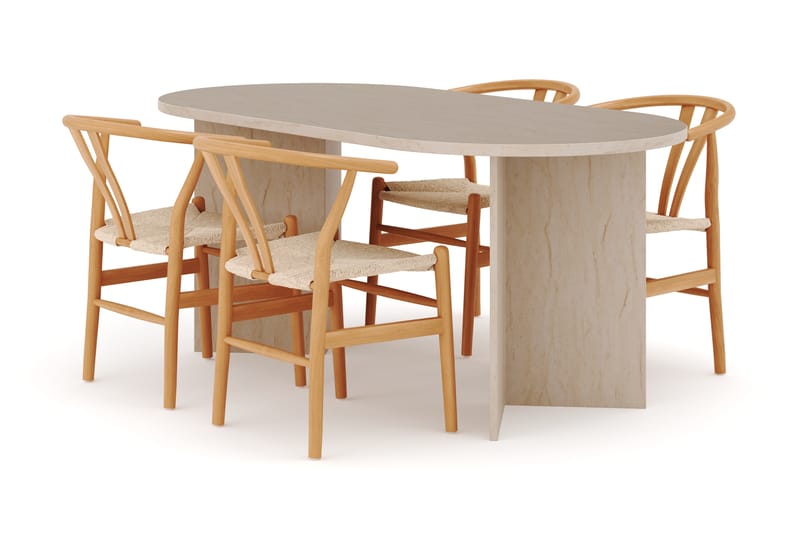 Dano Matbord 180 cm med 4 Dastoori Matstolar, Travertin / Natur
