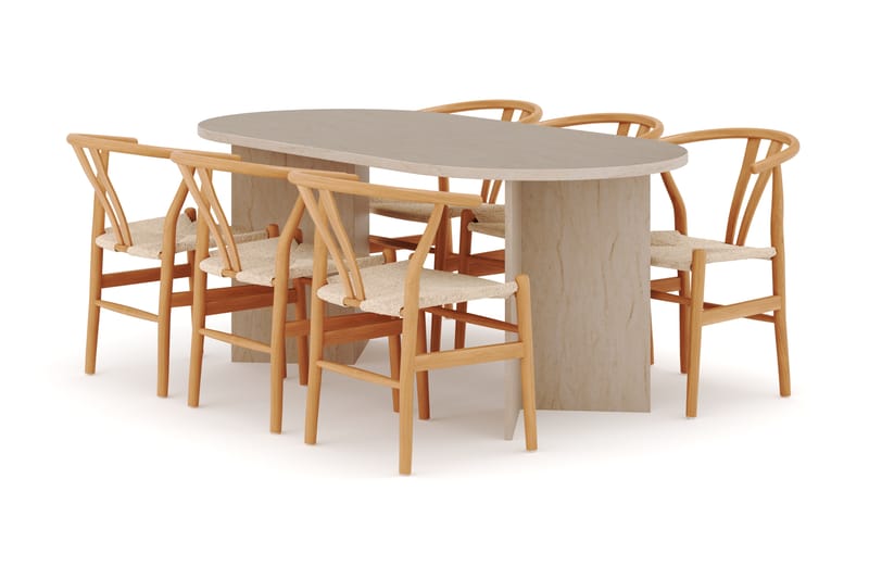 Dano Matbord 180 cm med 6 Dastoori Matstolar, Travertin / Natur
