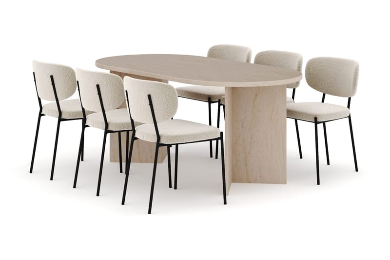 Dano Matbord 180 cm  med 6 Gemmiano Matstolar - Travertin / Vit Bouclé - Möbler - Bord & matgrupper - Matgrupper